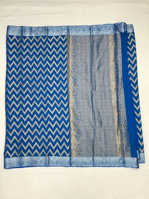 Dazzling Georgette And Printed Work Blue Colored Saree For Women