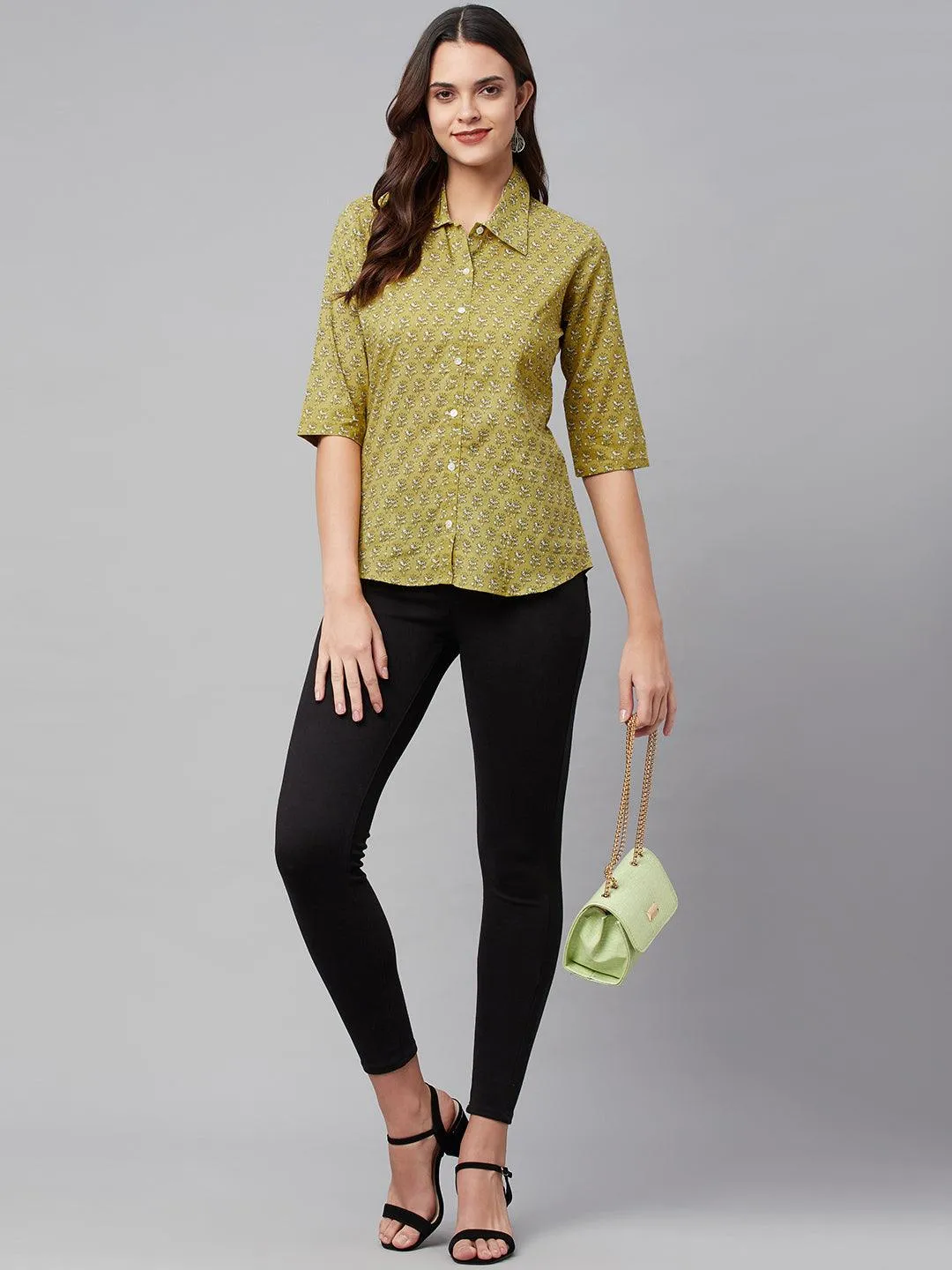 Divena Mehndi Green Block Printed Casual Women Shirts