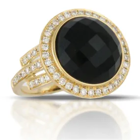 Doves Round Black Onyx 18K Yellow Gold Diamond Halo Ring