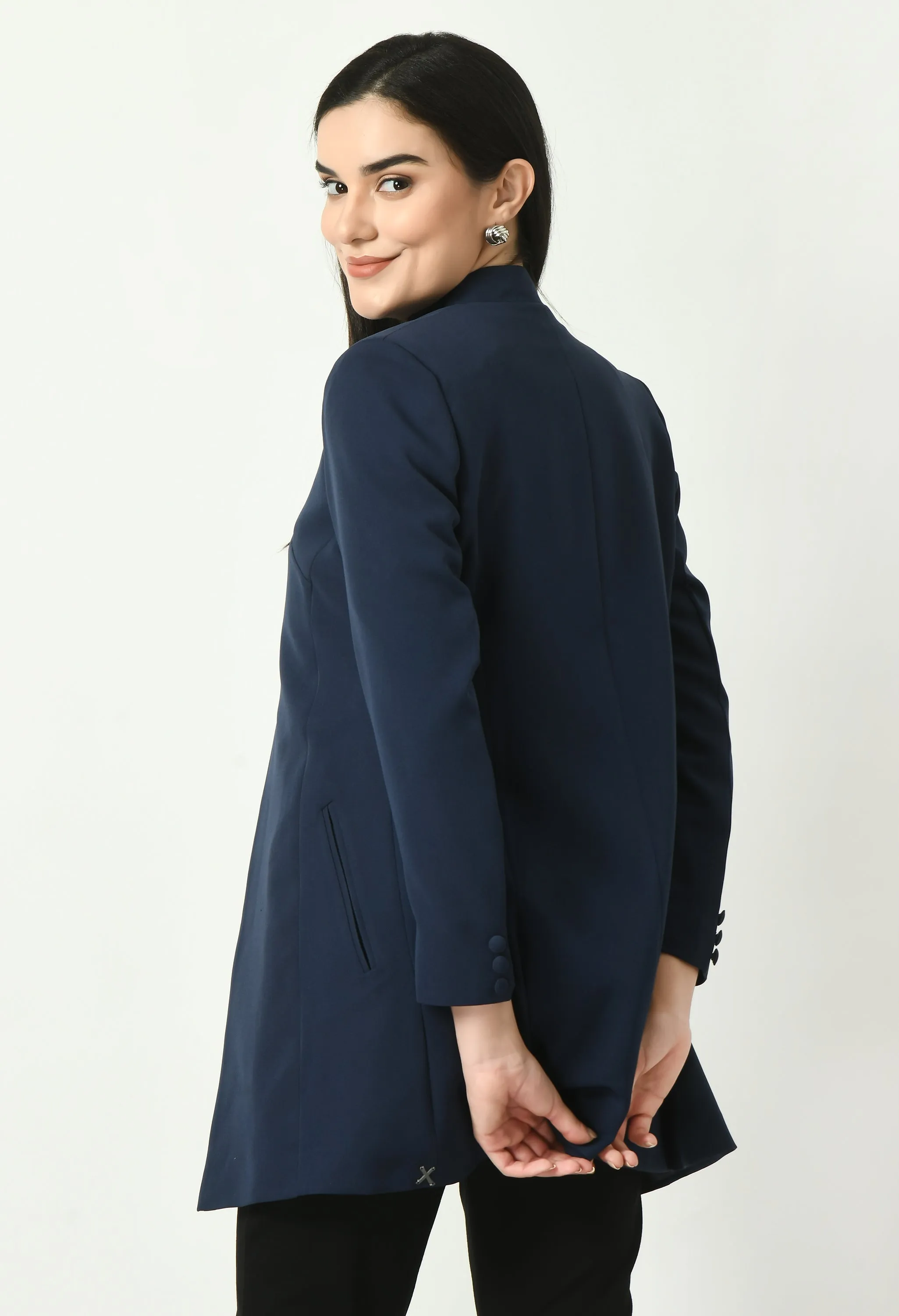 Exude Supremacy Solid Long Blazer (Navy)