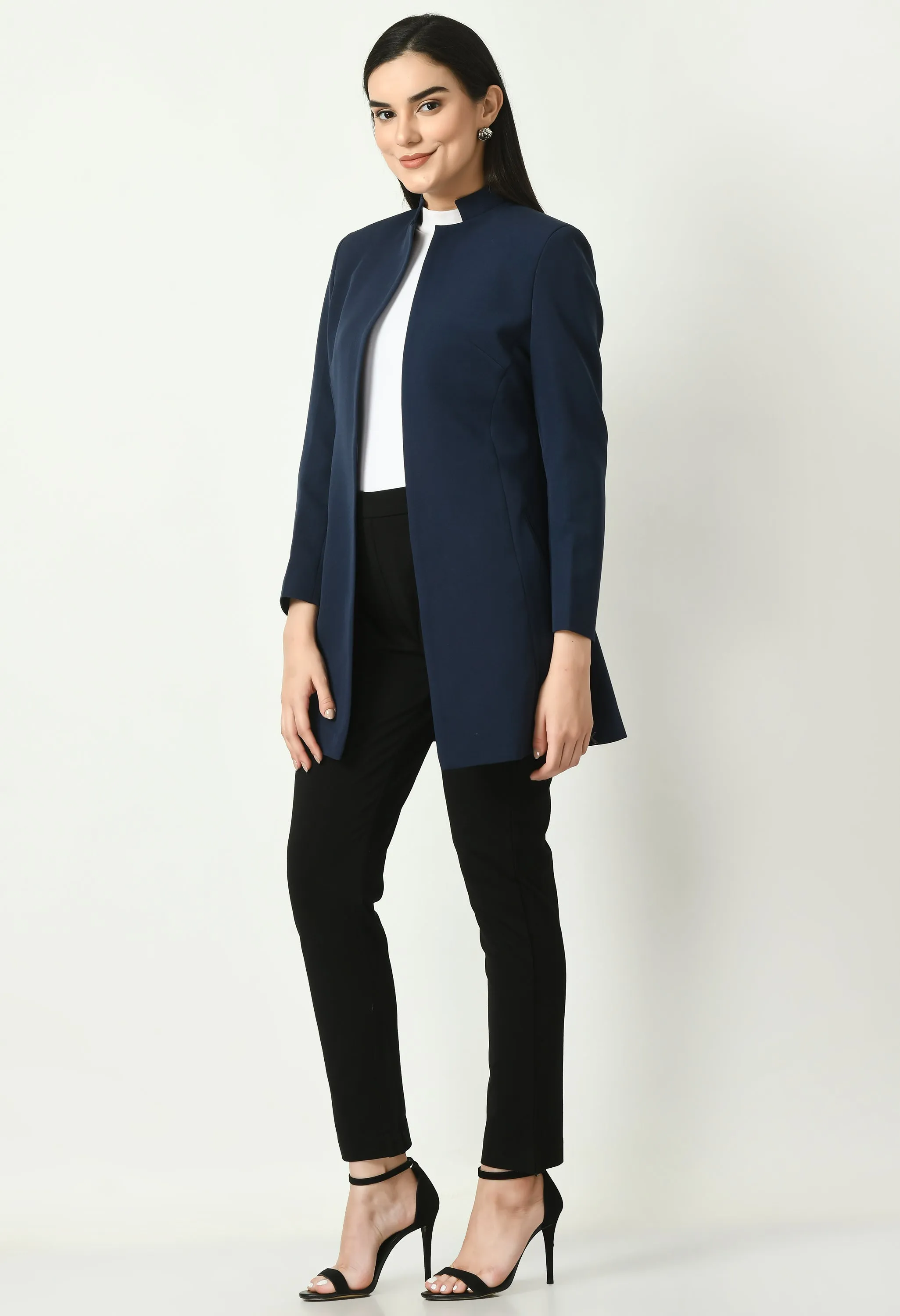 Exude Supremacy Solid Long Blazer (Navy)