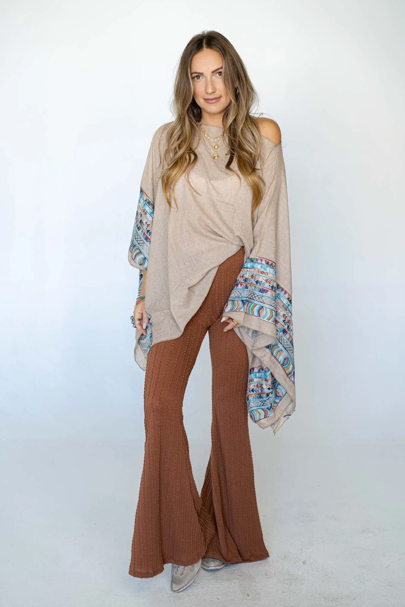 Fallon Embroidered Sleeve Poncho - Mocha