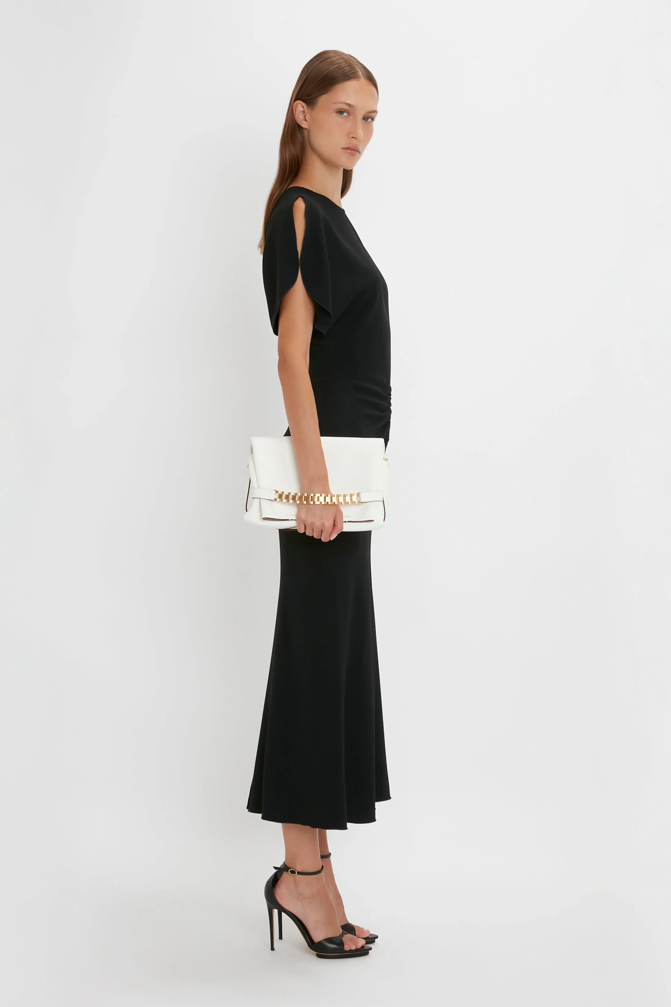 Gathered Waist Midi Dress In Black