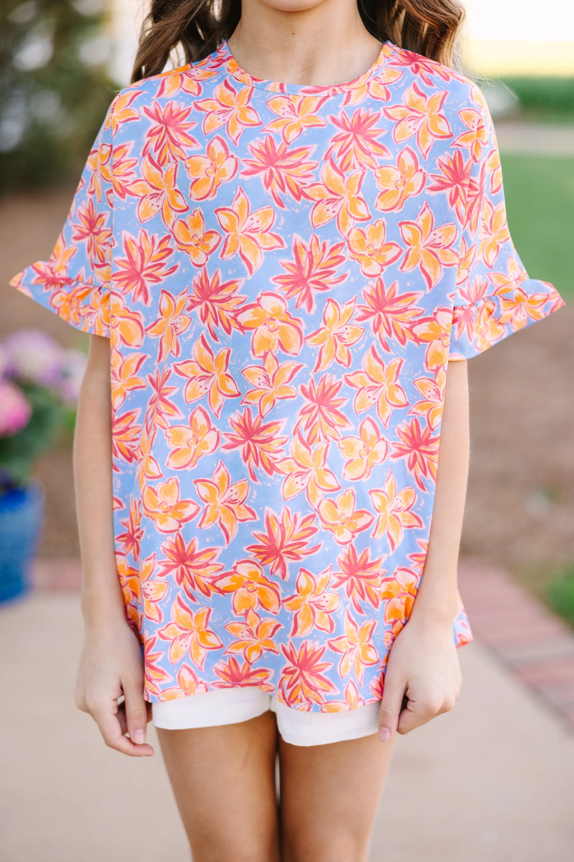 Girls: All I Ask Light Blue Floral Ruffled Top