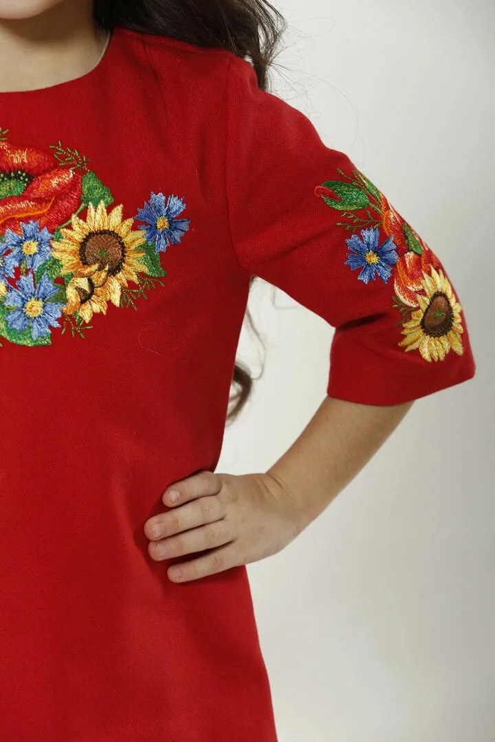 Girl's Red Embroidered Dress Ukrainian Bouquet