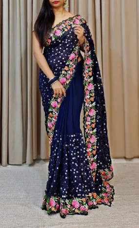 Gorgeous Dark Blue Colored Thread Embroidery Work Georgette Saree For Women