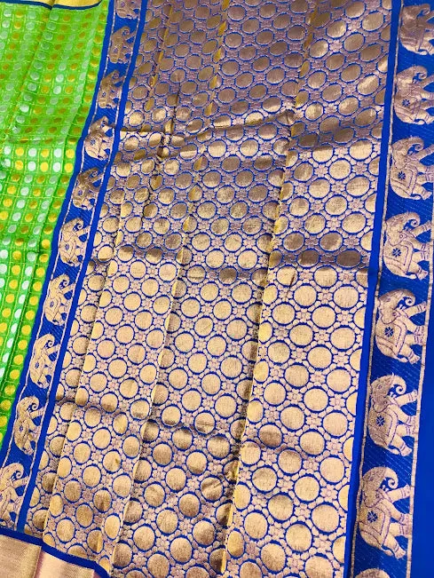 Gorgeous Green Color Art Silk Saree With Round Dotted Elephant Designed Border