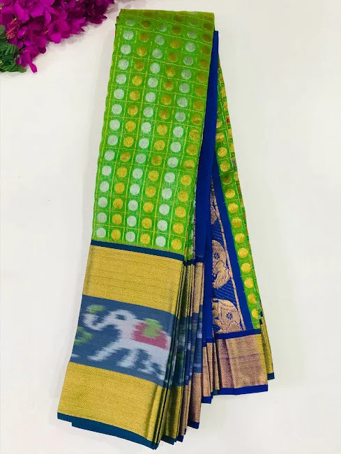 Gorgeous Green Color Art Silk Saree With Round Dotted Elephant Designed Border