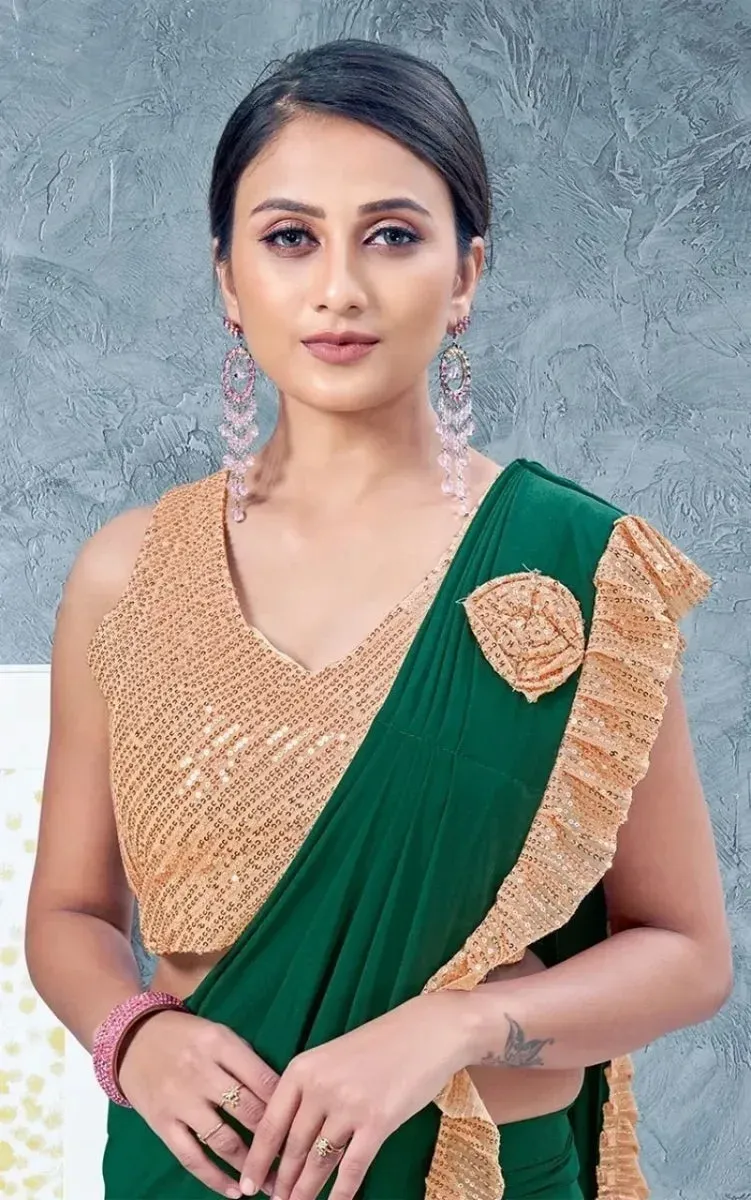 Gorgeous Green Color Ready To Wear One Minute Lycra Designer Saree