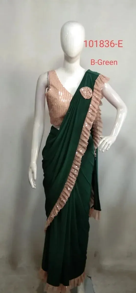 Gorgeous Green Color Ready To Wear One Minute Lycra Designer Saree