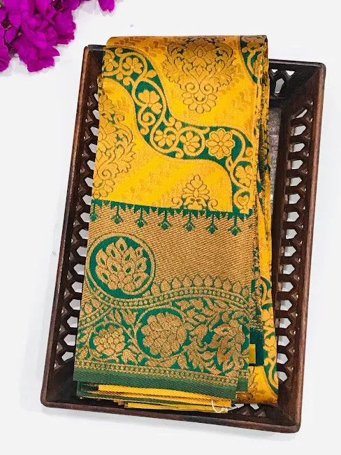 Gorgeous Yellow Color Art Silk Saree With Butta Motifs And Rich Pallu