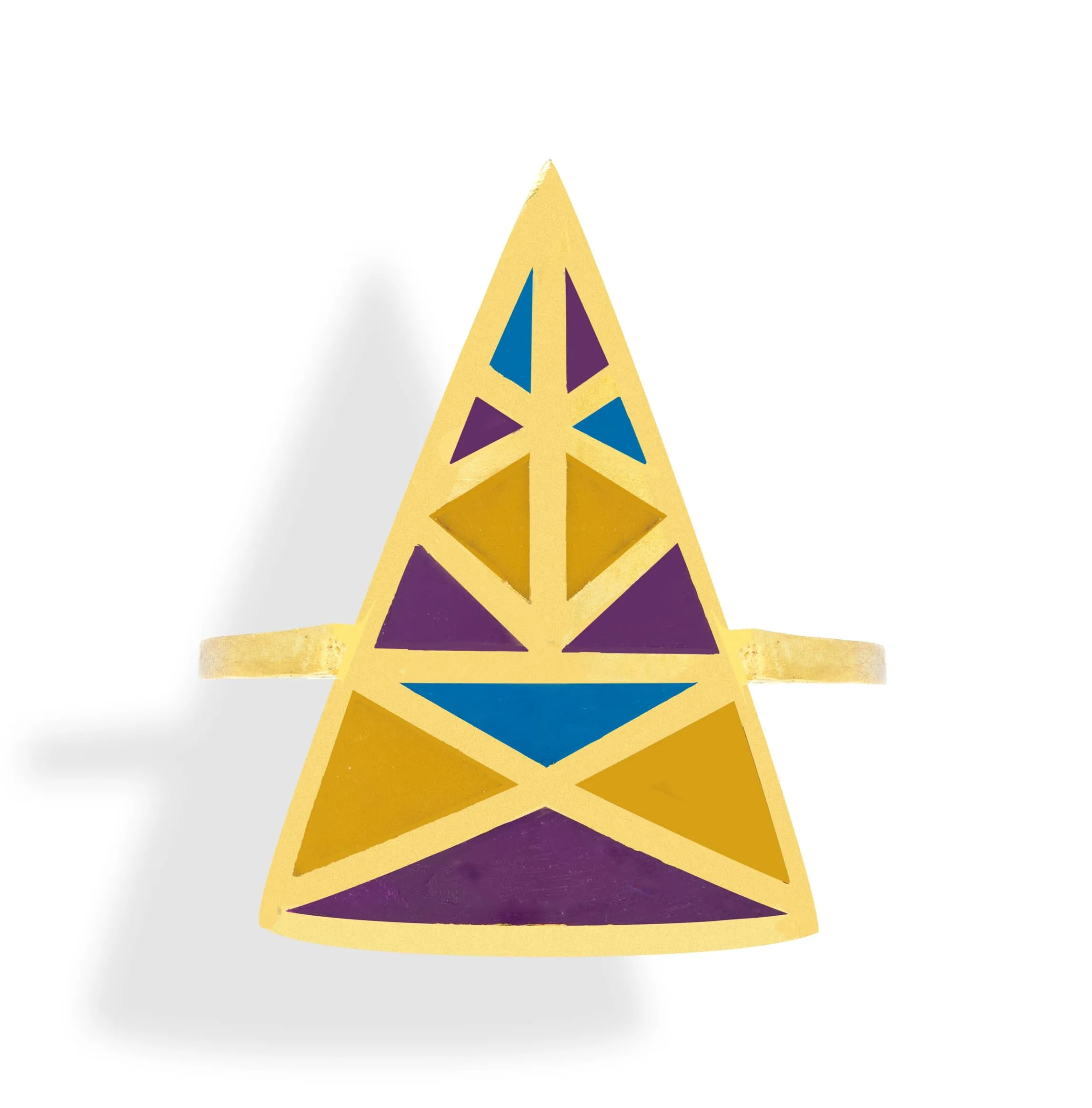 Handmade Gold Plated Silver Colorful Triangle Ring With Dovecote Patterns