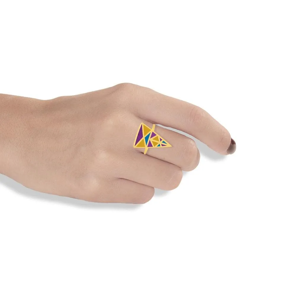 Handmade Gold Plated Silver Colorful Triangle Ring With Dovecote Patterns