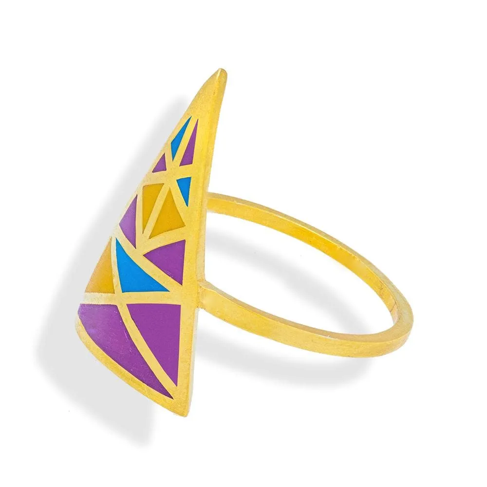 Handmade Gold Plated Silver Colorful Triangle Ring With Dovecote Patterns