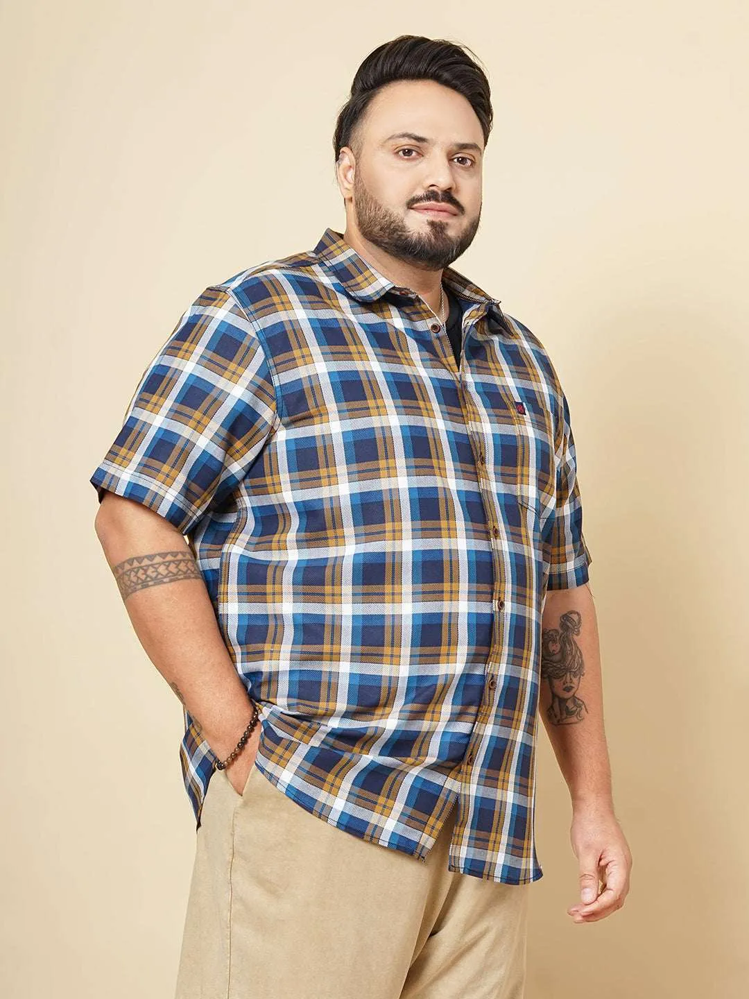 Hardsoda Men Navy Plus Size Checked Casual Shirt