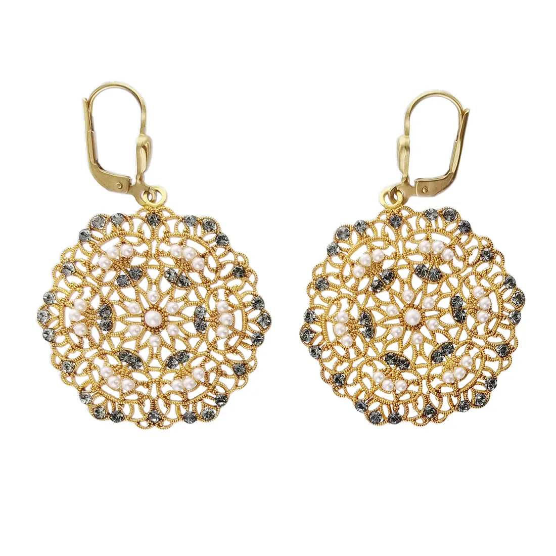 La Vie Parisienne Snowflake Filigree Pearl Crystal Earrings