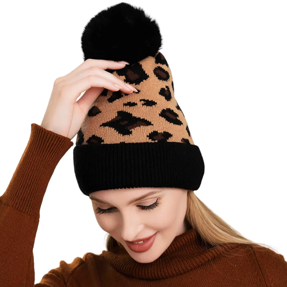 Leopard Patterned Faux Fur Pom Pom Beanie Hat