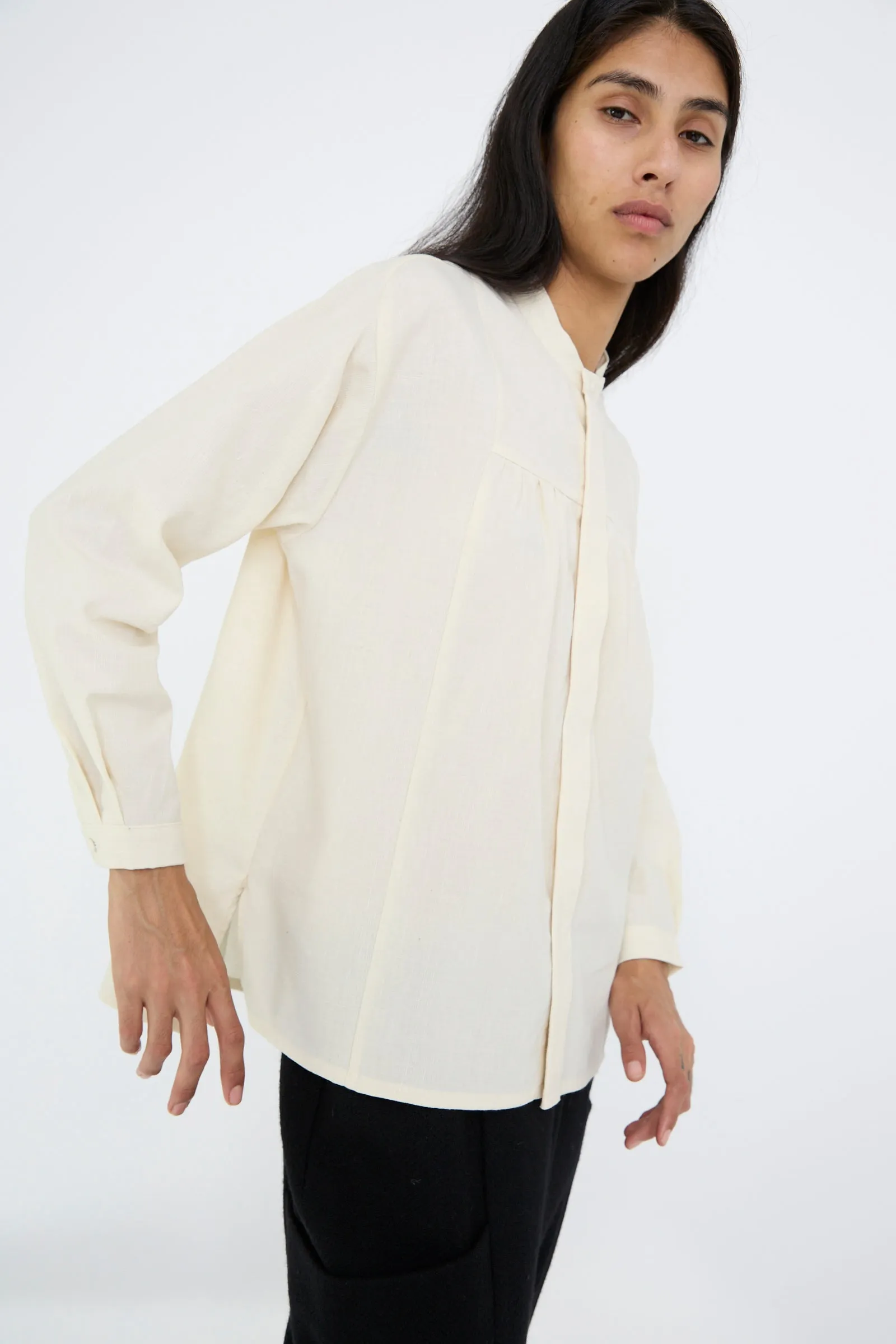 Light Merino, Linen and Cotton Glencheck Elegant Gathered Shirt in White