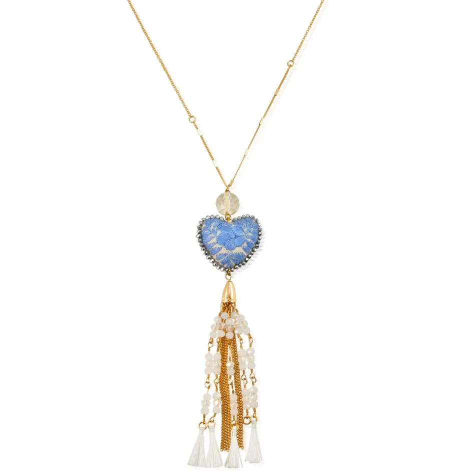 Long Embroidered Heart and Tassel Necklace - Light Blue