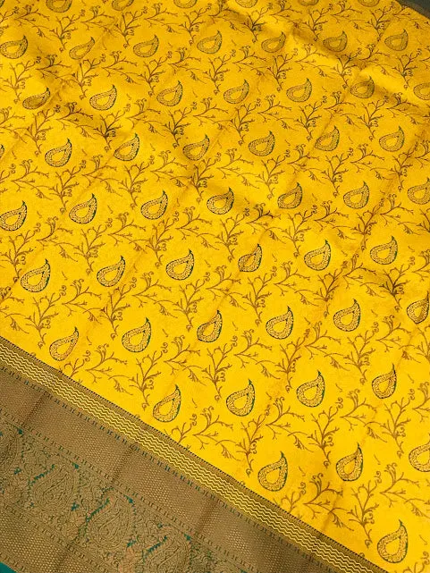 Lovely Yellow Color Art Silk Saree With Mango Design And Contrast Rich Pallu