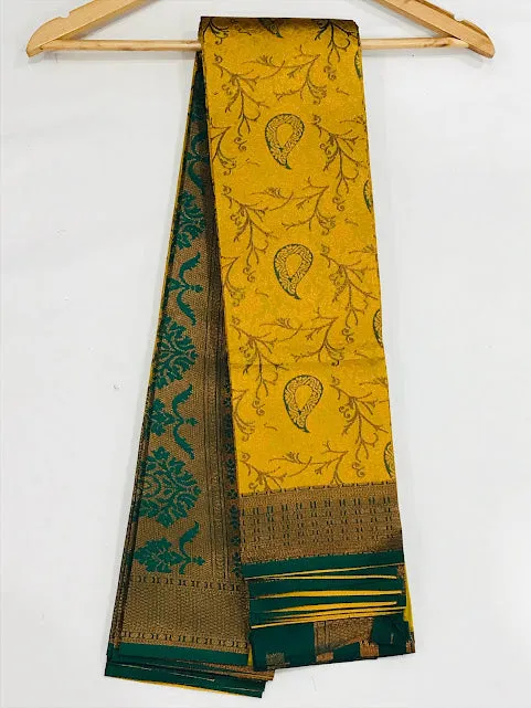 Lovely Yellow Color Art Silk Saree With Mango Design And Contrast Rich Pallu