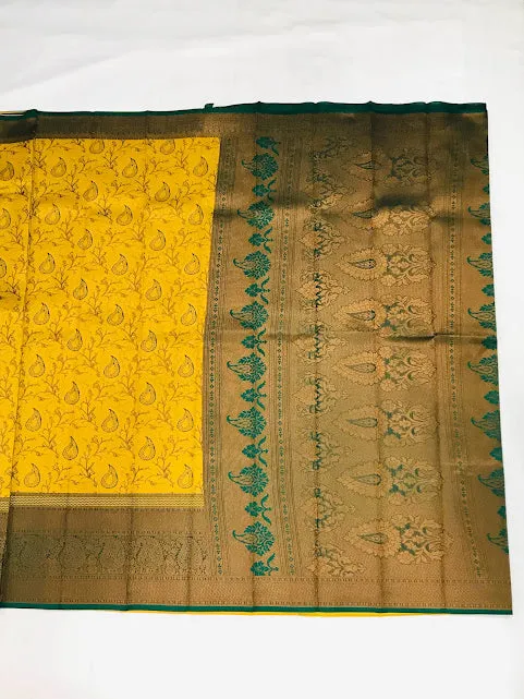 Lovely Yellow Color Art Silk Saree With Mango Design And Contrast Rich Pallu