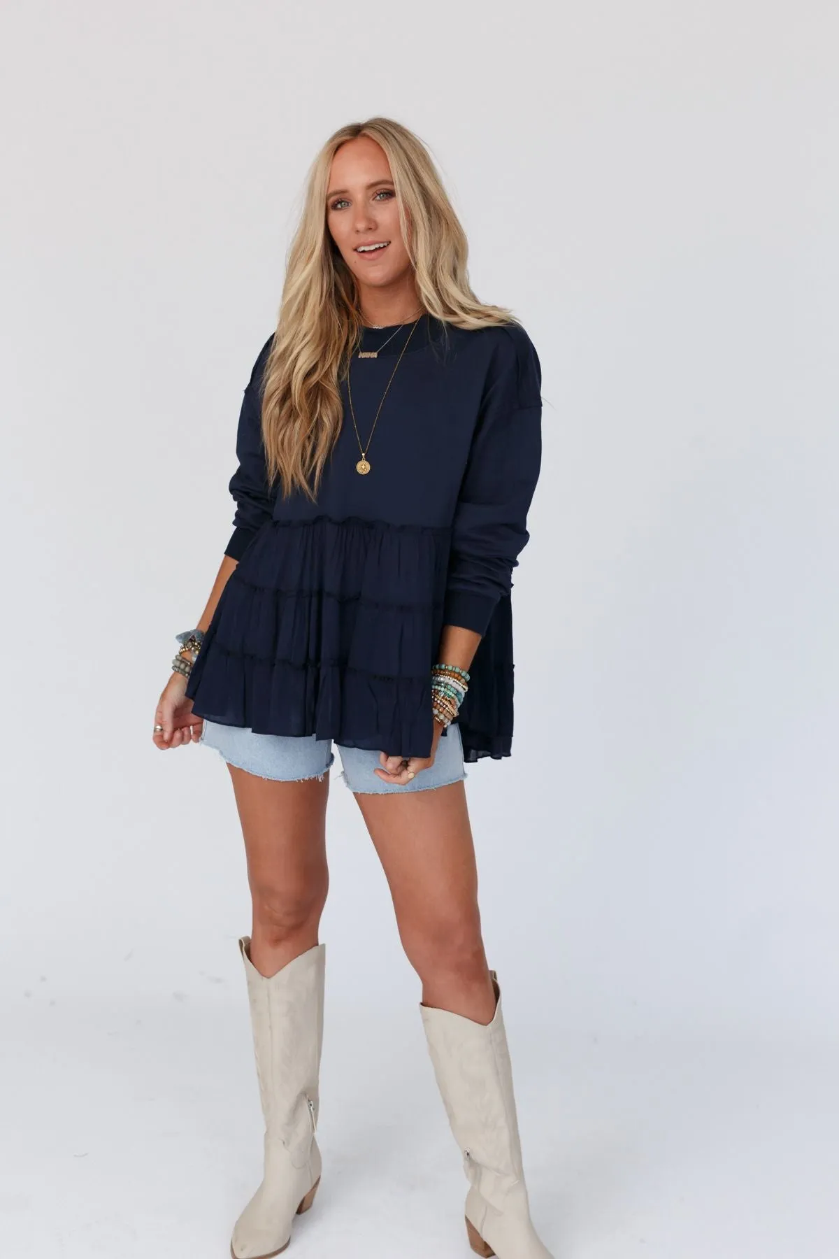 Madeira Tiered Babydoll Top - Navy