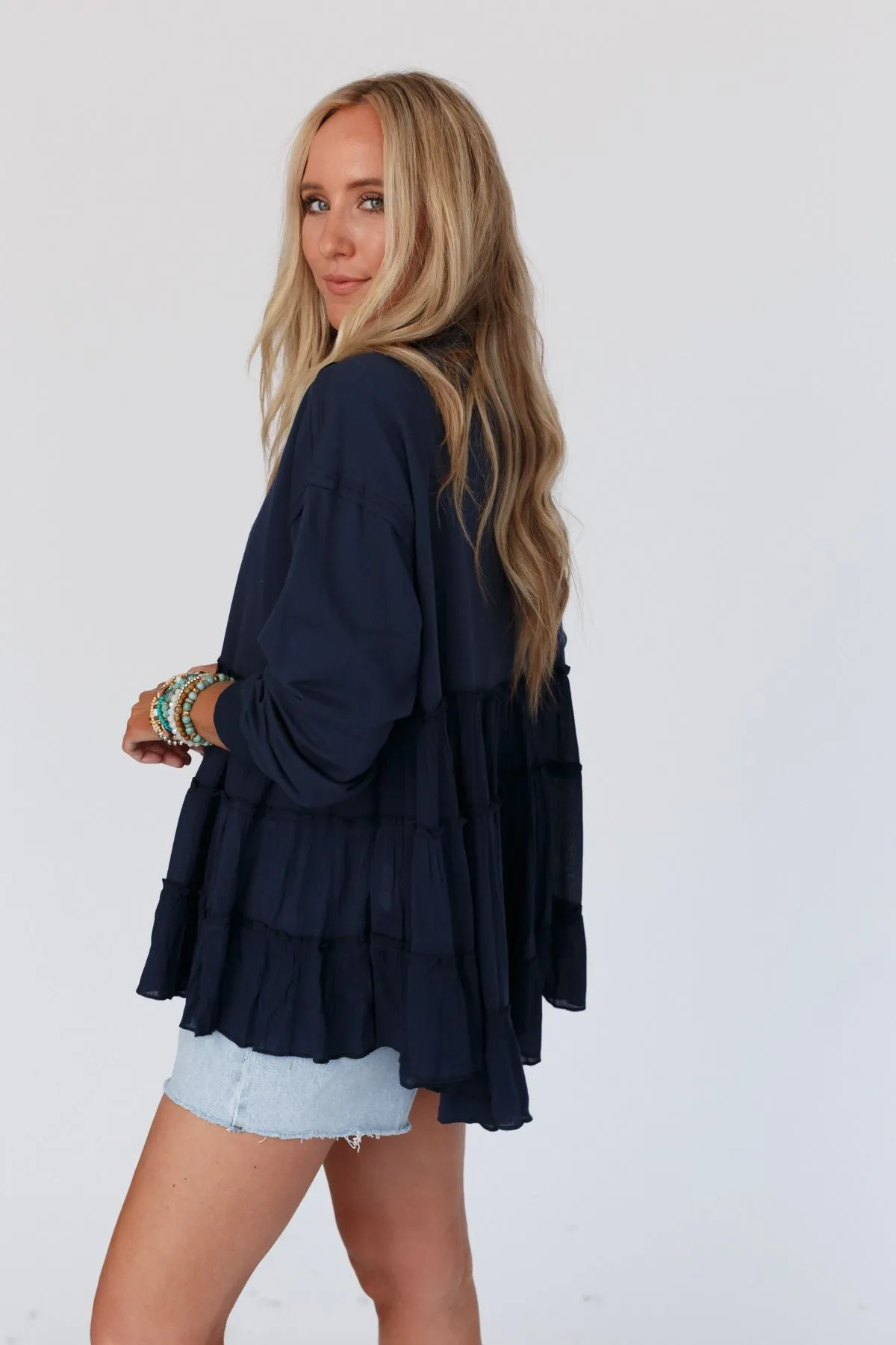 Madeira Tiered Babydoll Top - Navy