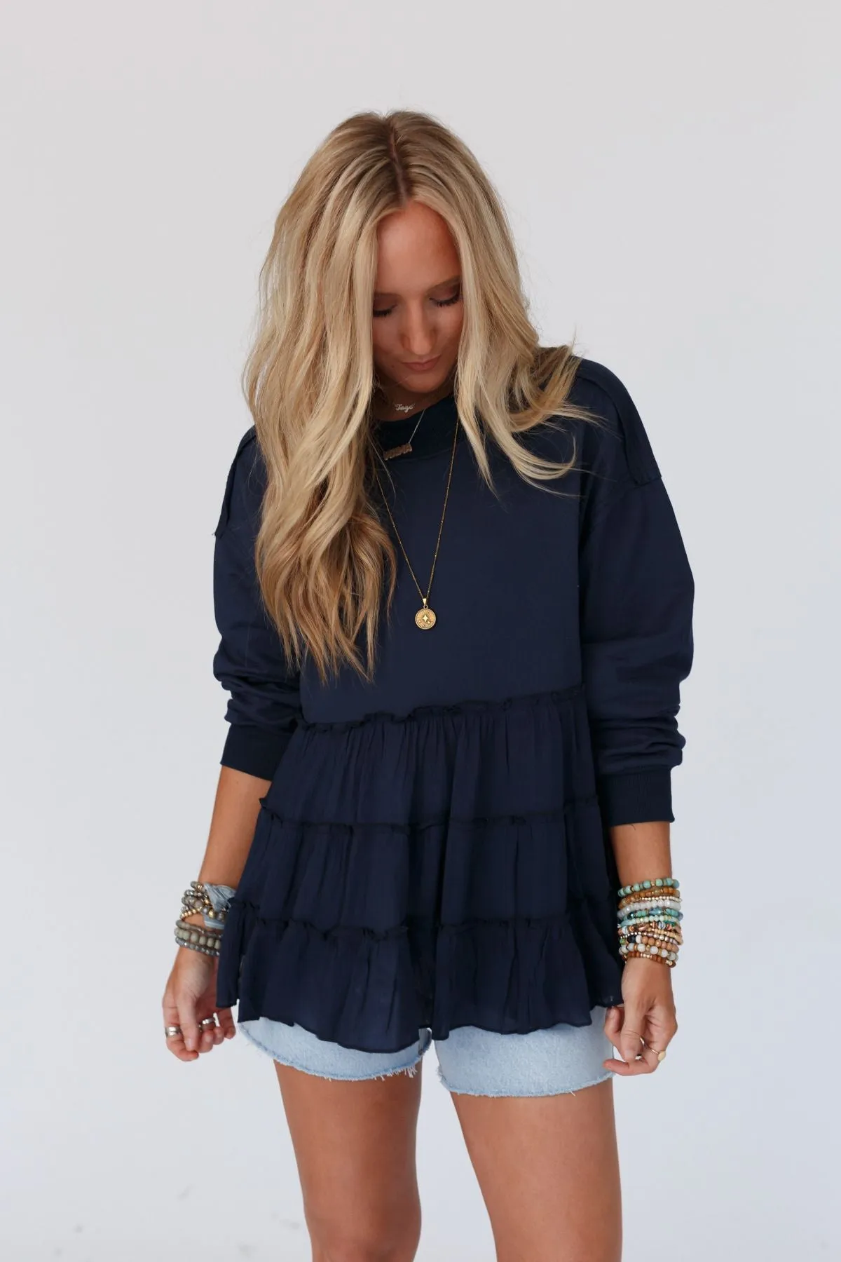 Madeira Tiered Babydoll Top - Navy