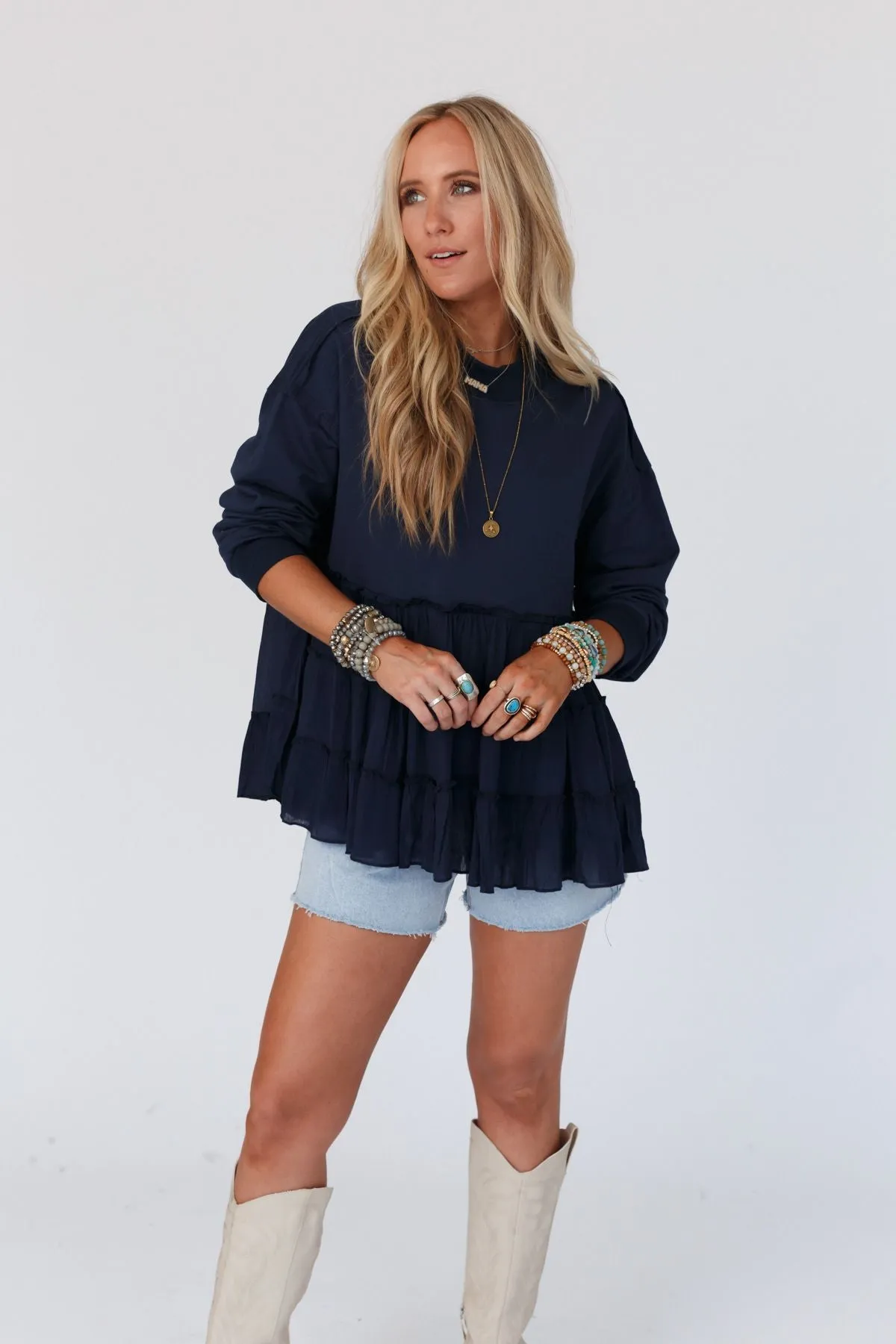 Madeira Tiered Babydoll Top - Navy