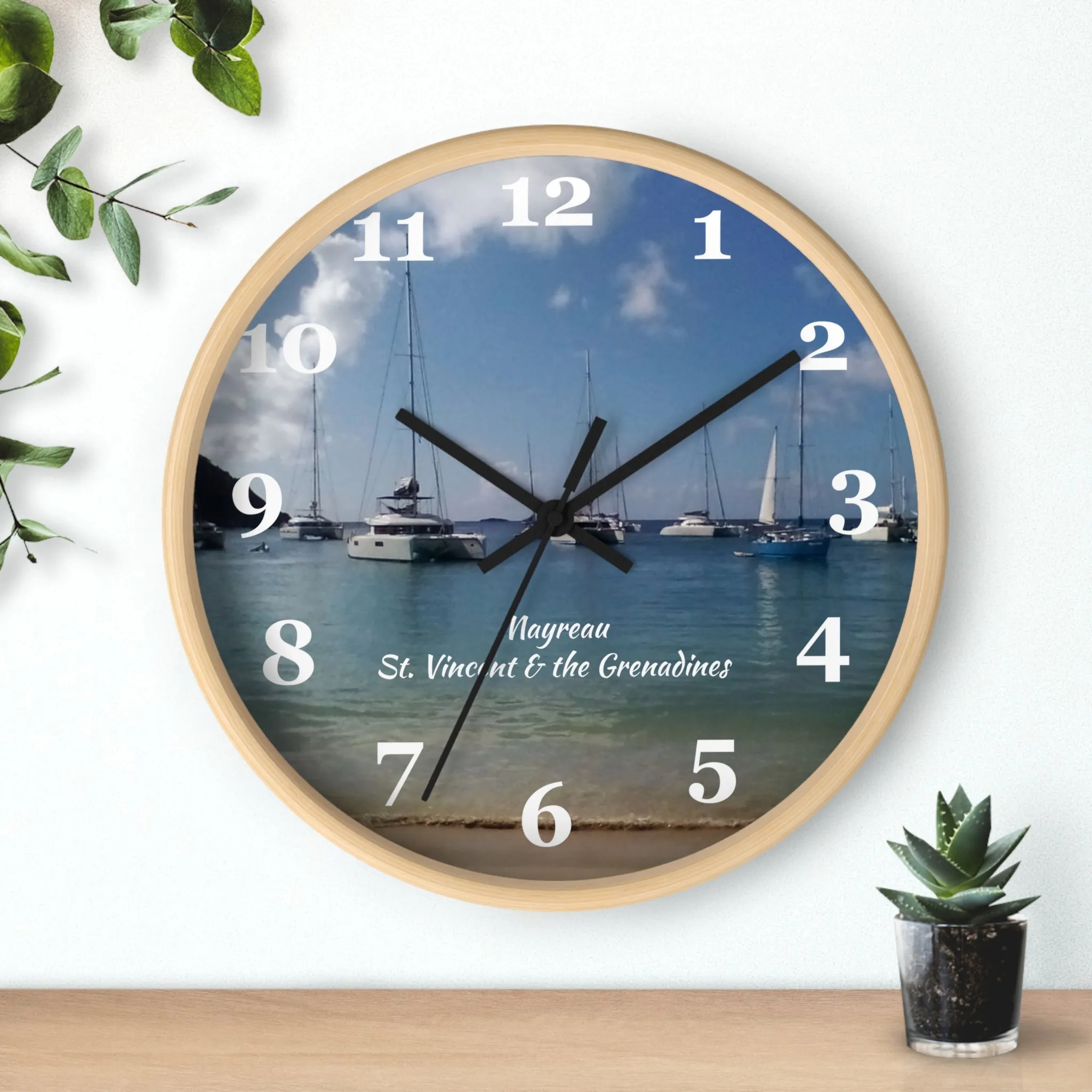 Mayreau Beach Wall Clock, 10 inch round wall clock showing a picture of Mayreau beach in St. Vincent and the Grenadines