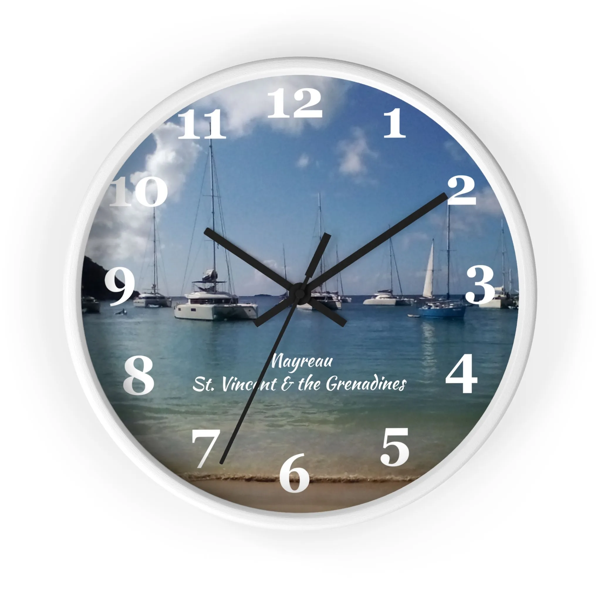 Mayreau Beach Wall Clock, 10 inch round wall clock showing a picture of Mayreau beach in St. Vincent and the Grenadines