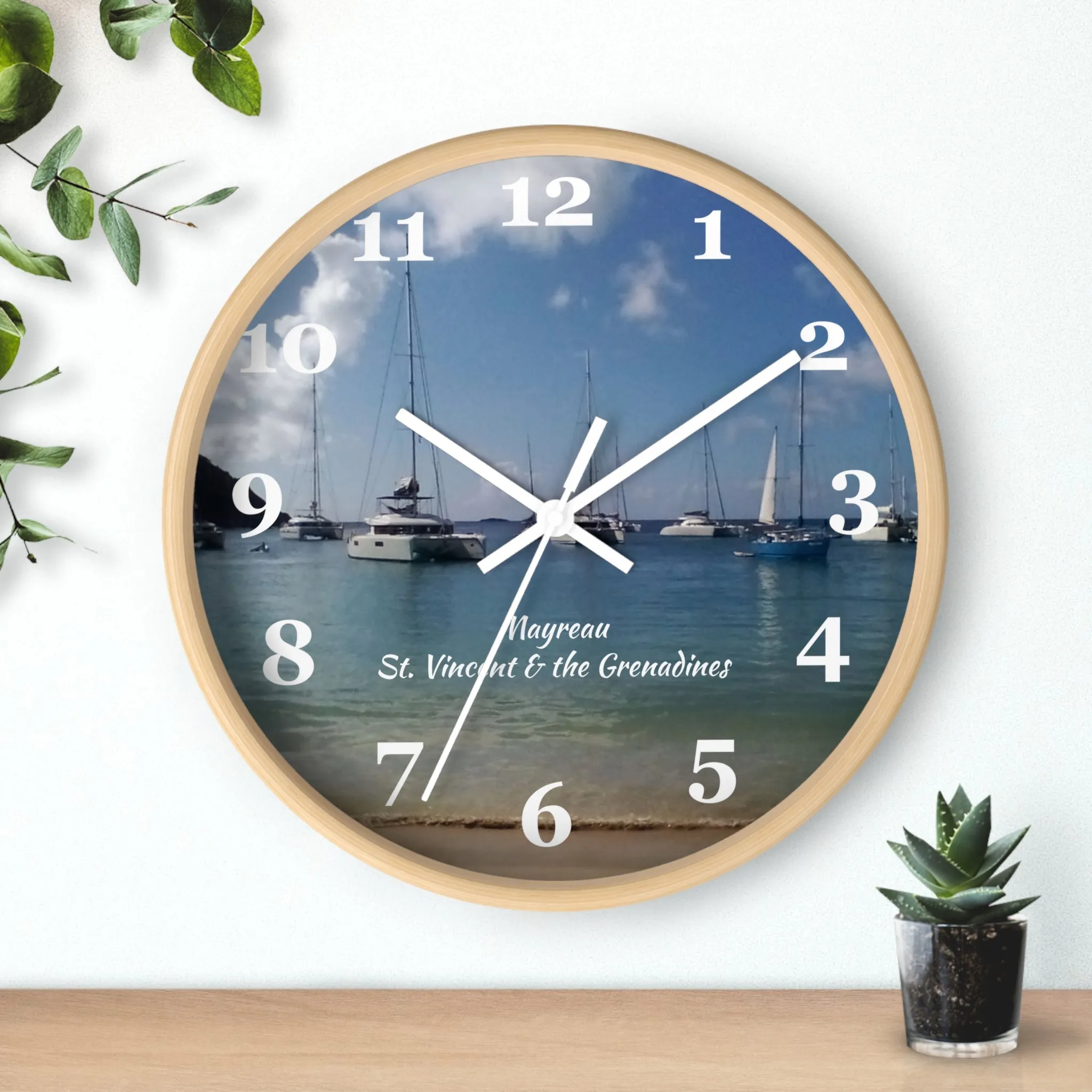 Mayreau Beach Wall Clock, 10 inch round wall clock showing a picture of Mayreau beach in St. Vincent and the Grenadines