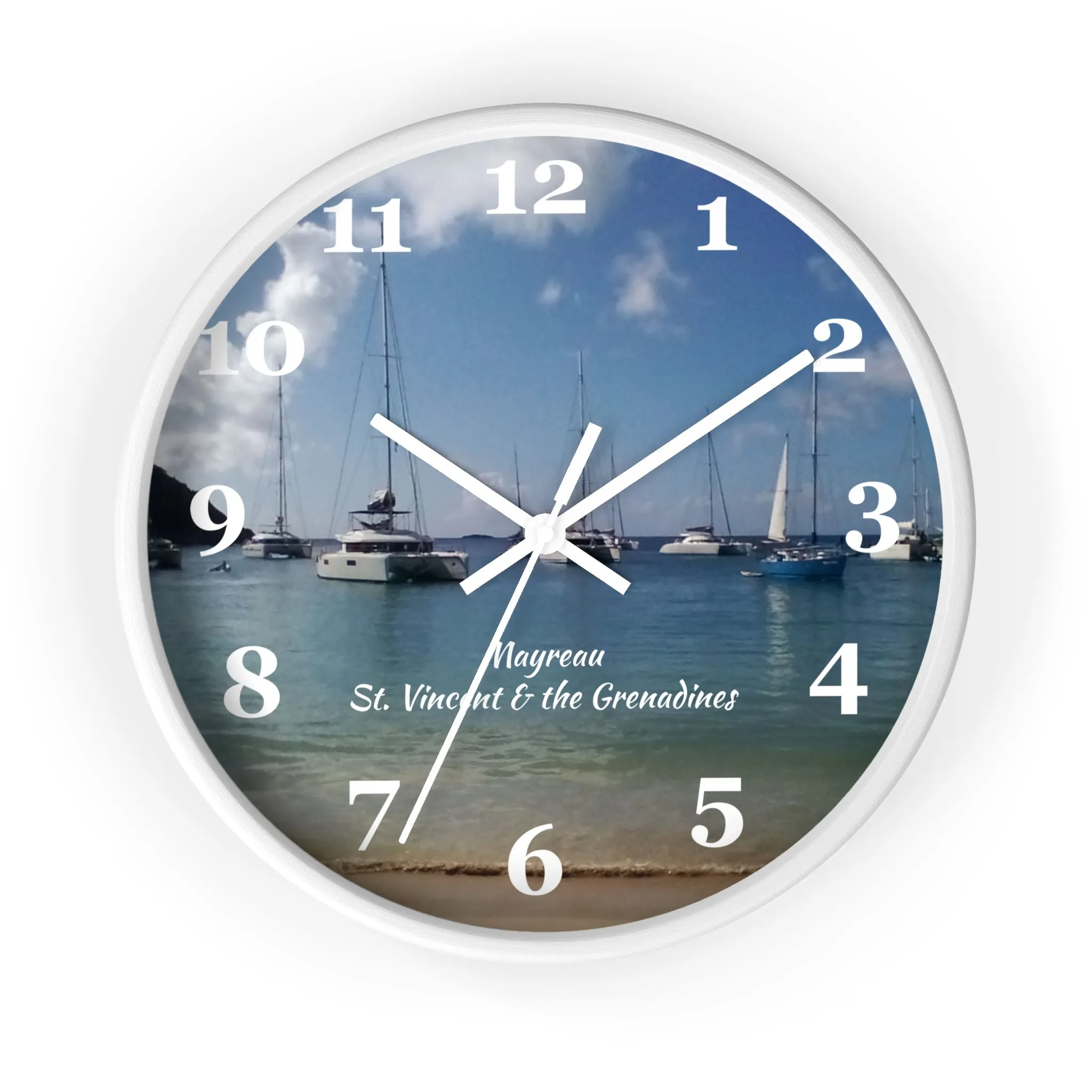 Mayreau Beach Wall Clock, 10 inch round wall clock showing a picture of Mayreau beach in St. Vincent and the Grenadines