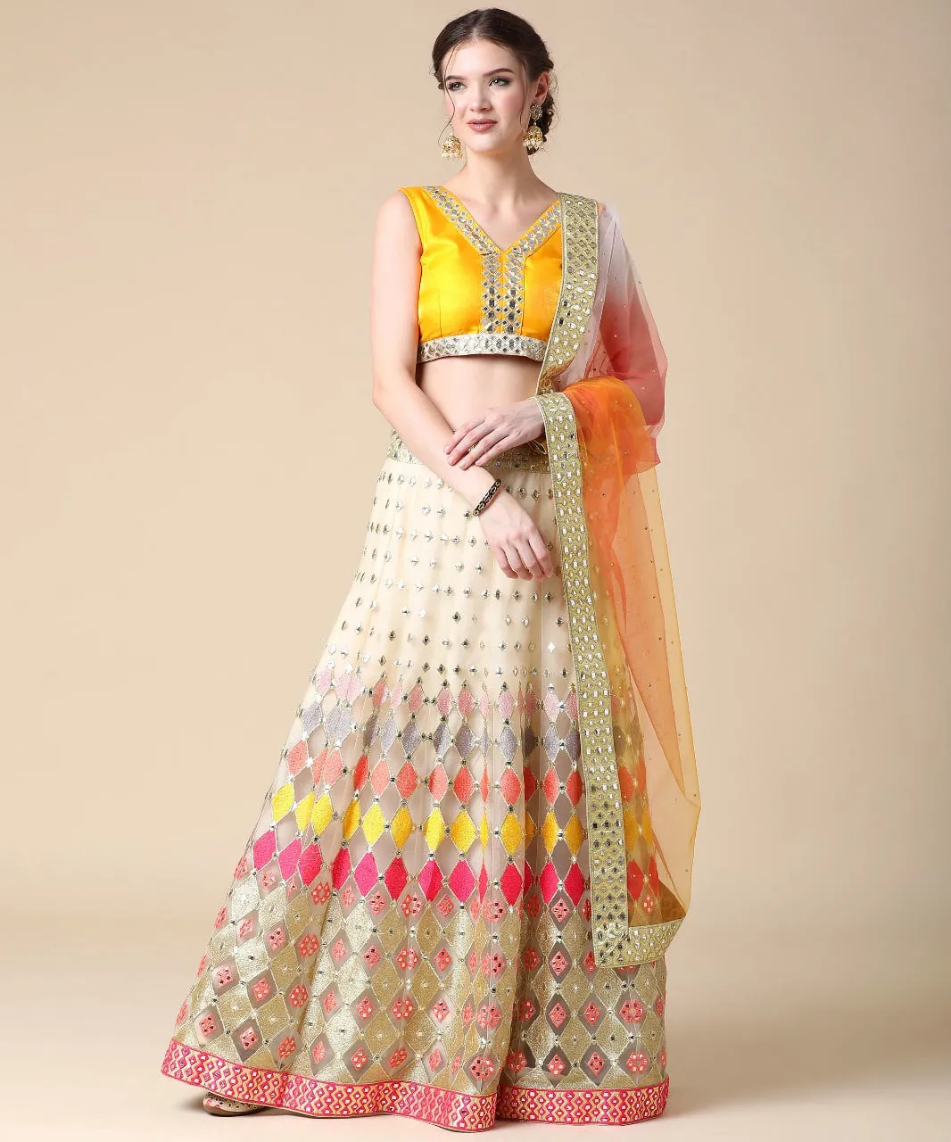 MULTI-COLORED-BUTTERFLY-NET-MIRROR-LEHENGA