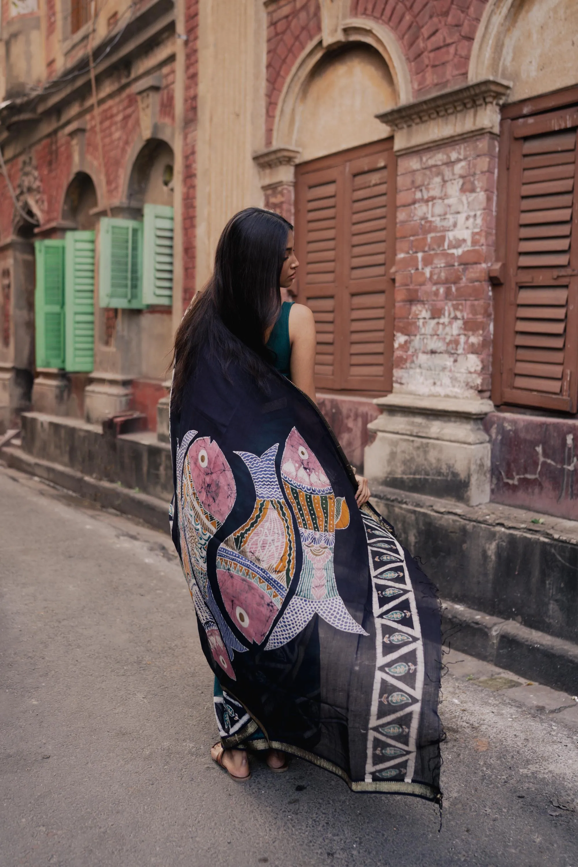 Narmada Mina Batik Gond Teal Maheswari saree