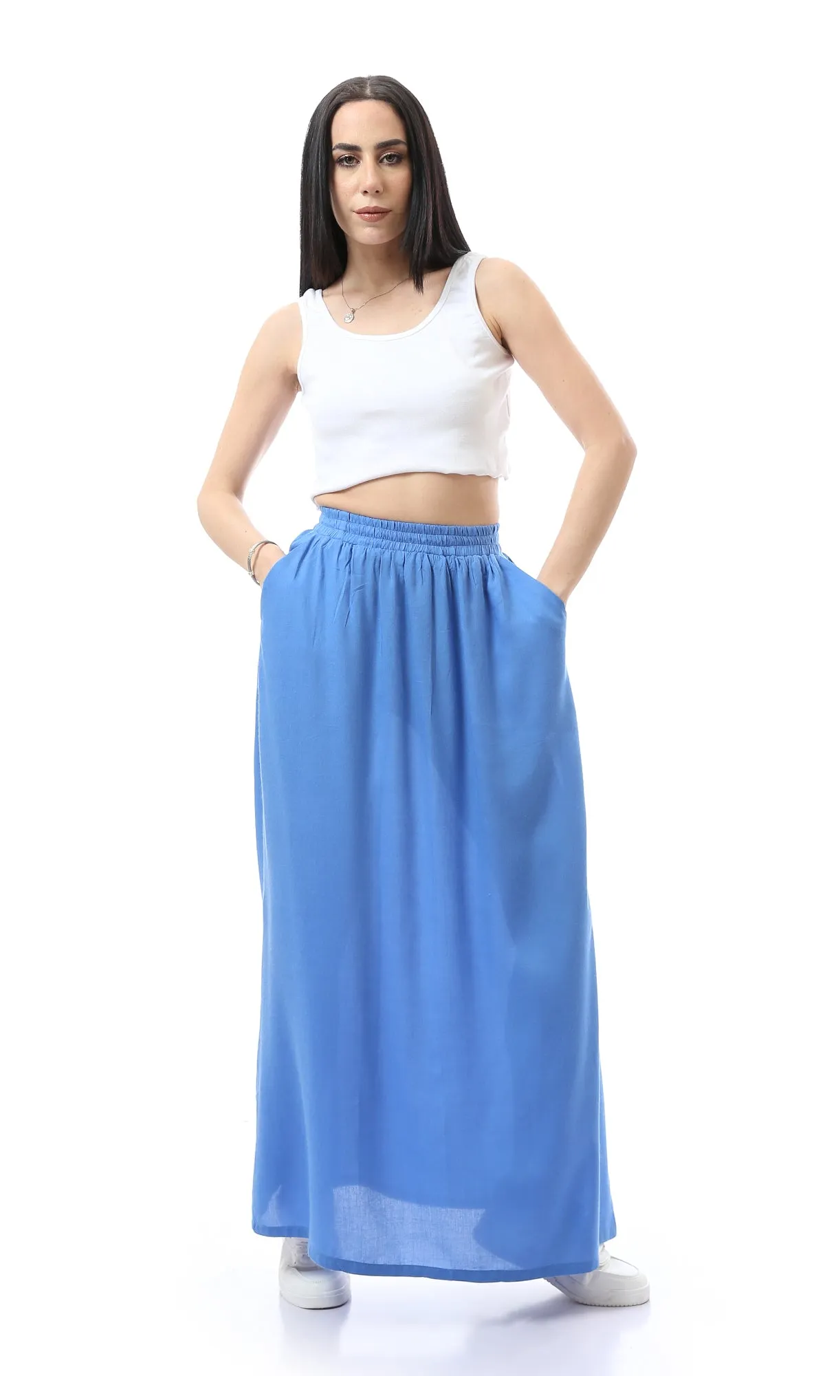 O165299 Cornflower Blue Maxi Skirt With Side Pockets