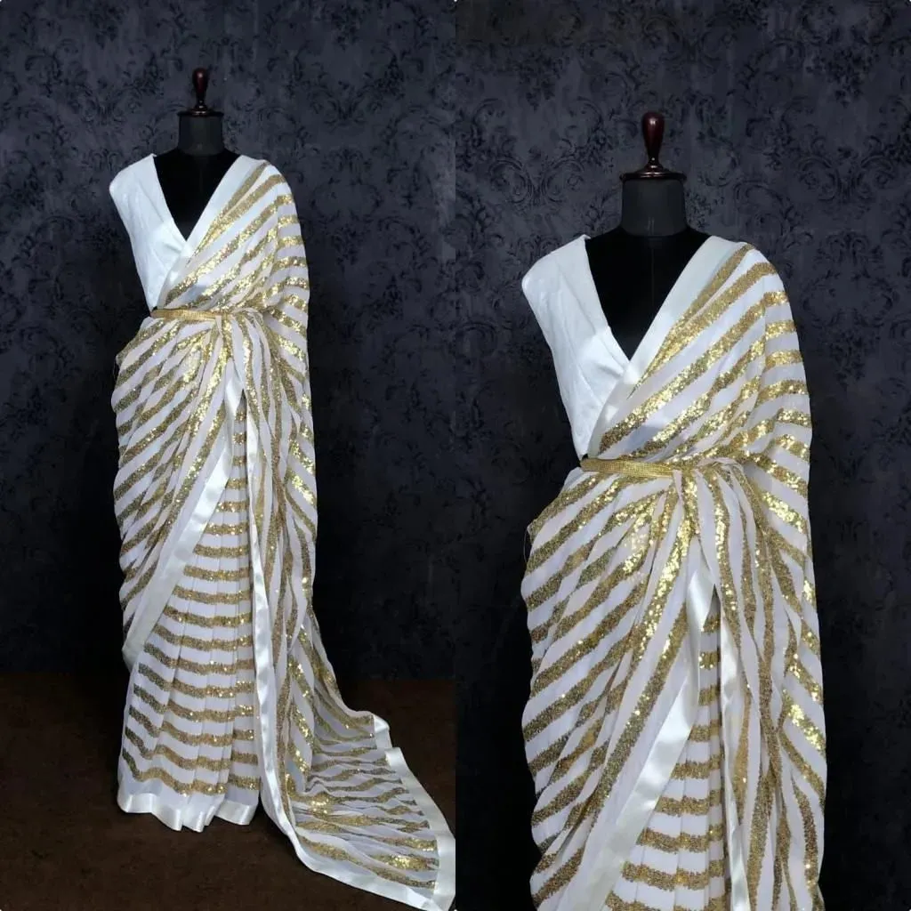 Off White Festival Faux Georgette Trendy Saree