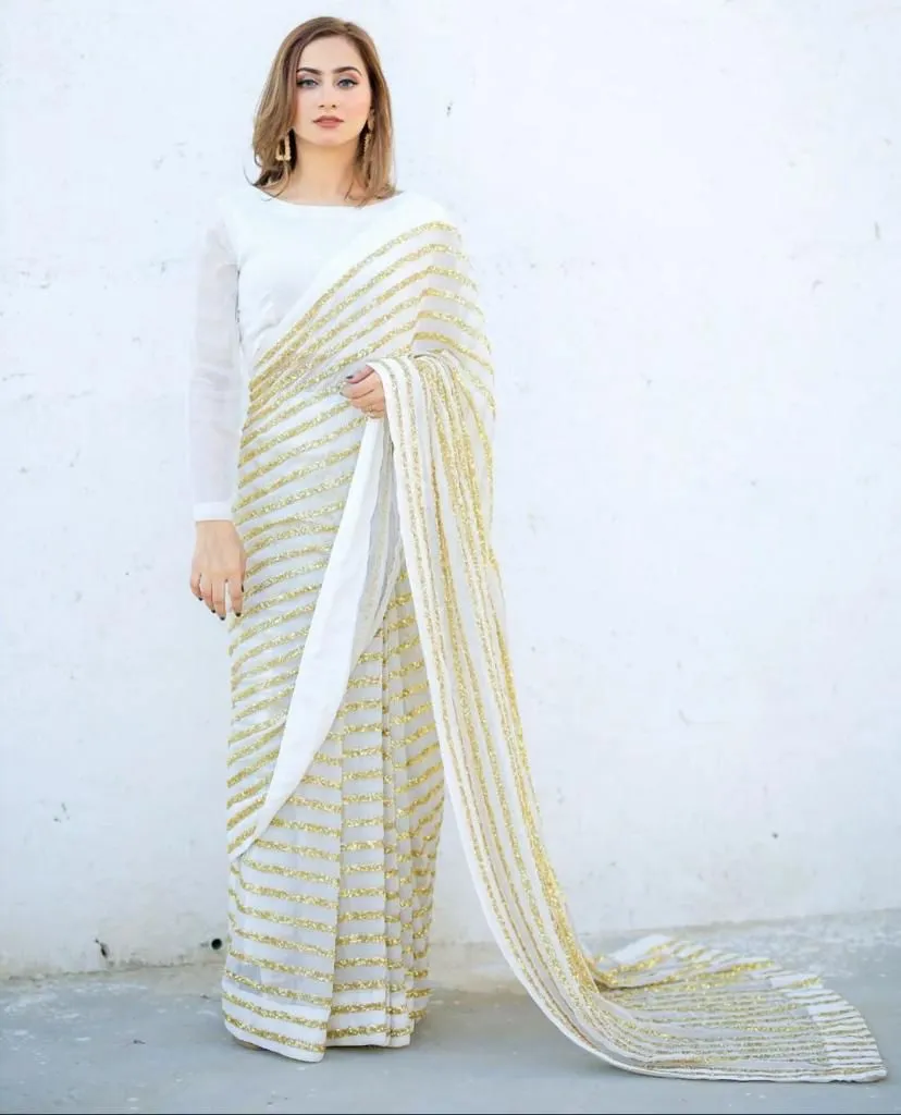 Off White Festival Faux Georgette Trendy Saree