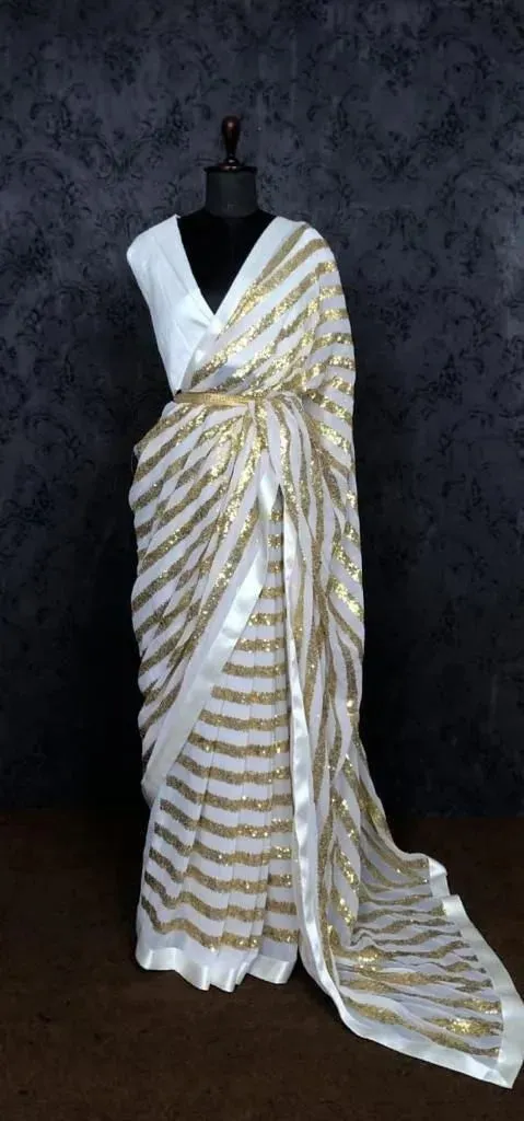 Off White Festival Faux Georgette Trendy Saree