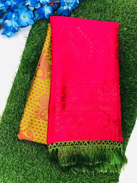 Pleasing Radium Green Color Leaf Design Contrast Rich Pallu And Art Silk Saree