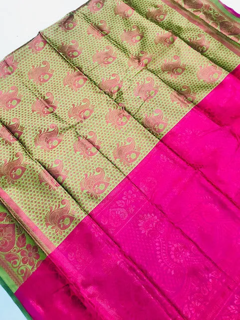 Pleasing Radium Green Color Leaf Design Contrast Rich Pallu And Art Silk Saree