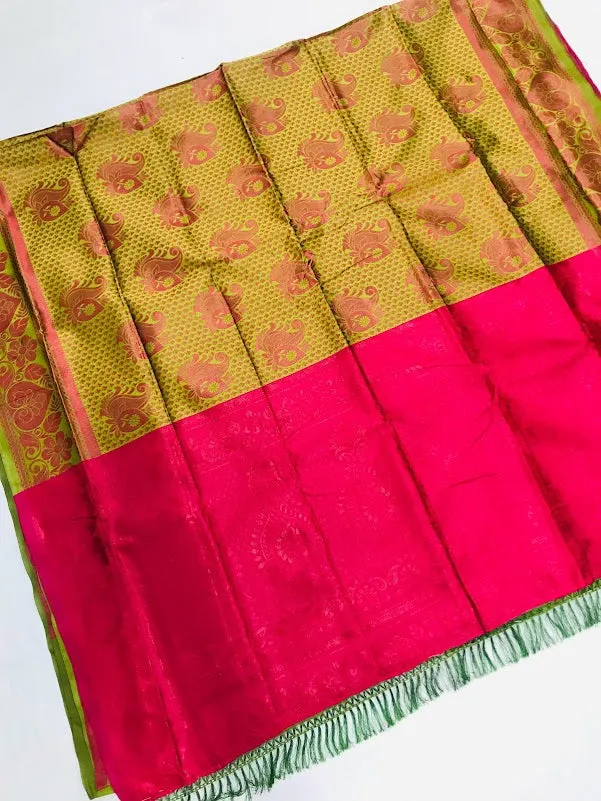 Pleasing Radium Green Color Leaf Design Contrast Rich Pallu And Art Silk Saree