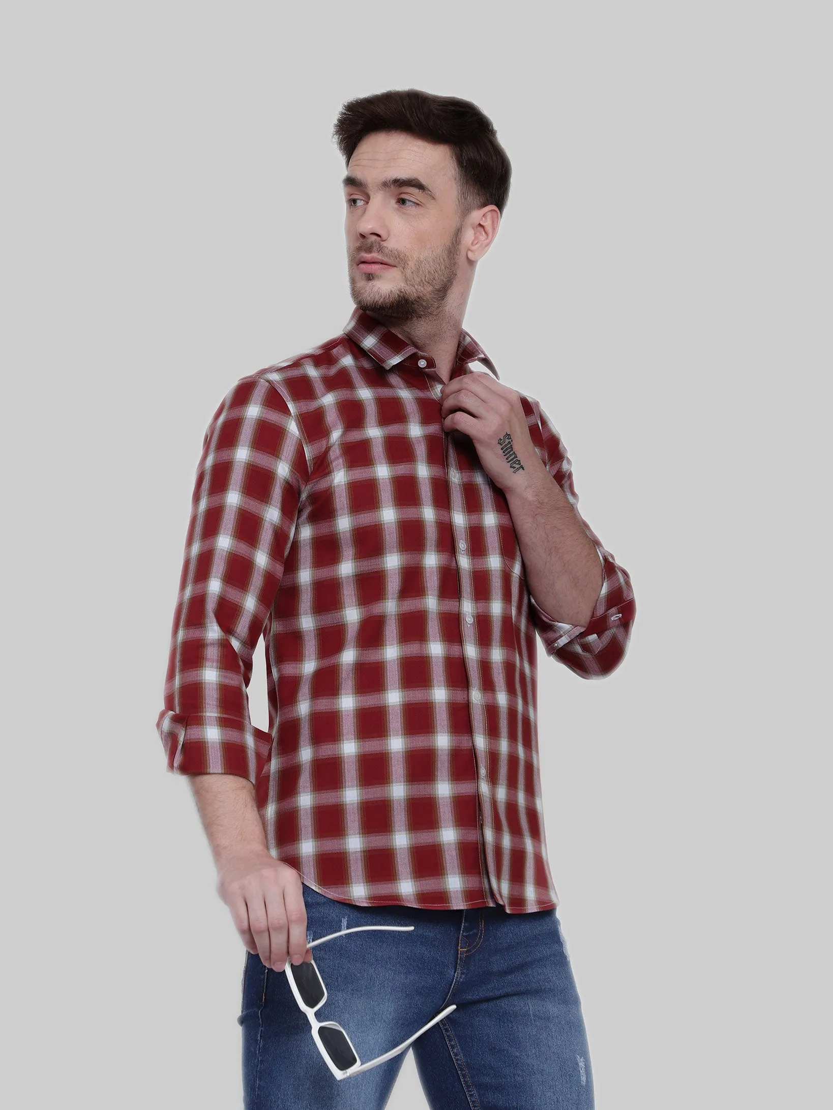 Red Orange Gingham Checkered Full Sleeve Cotton Shirt