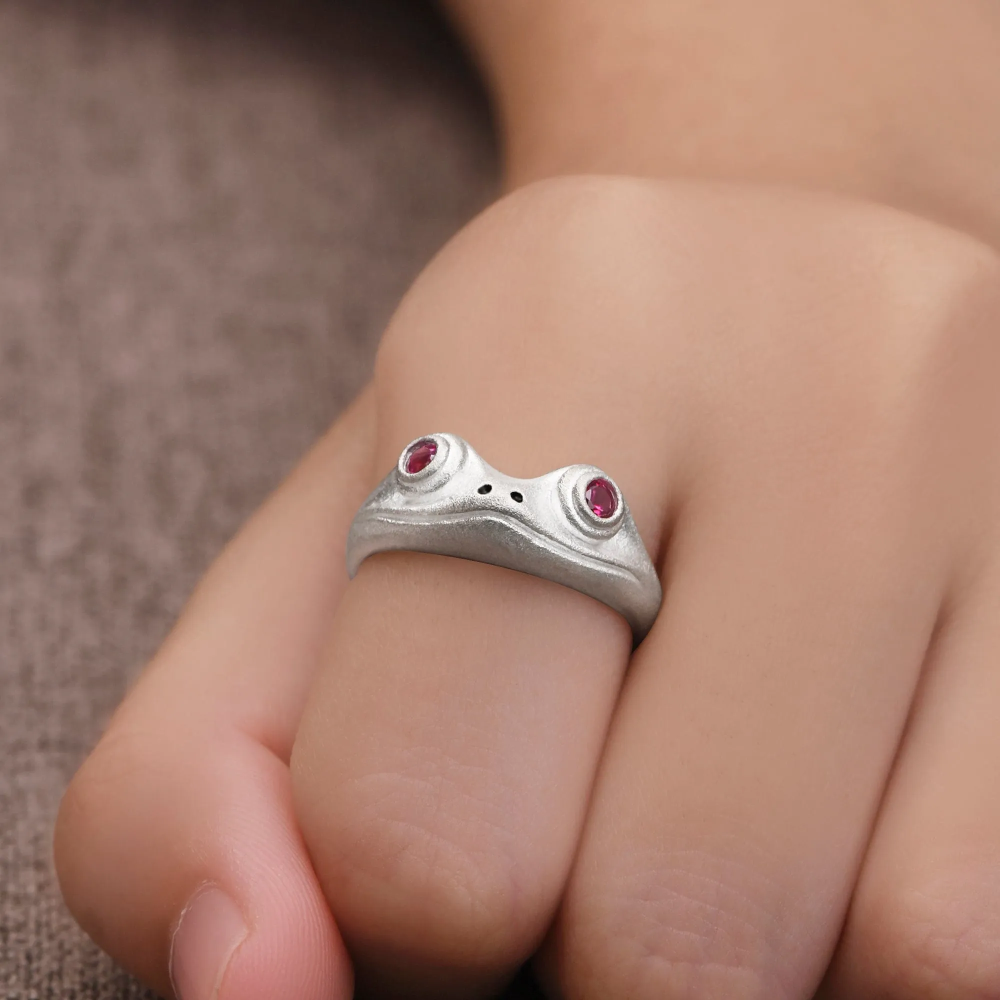 Ruby CZ Adjustable Frog Ring Sterling Silver