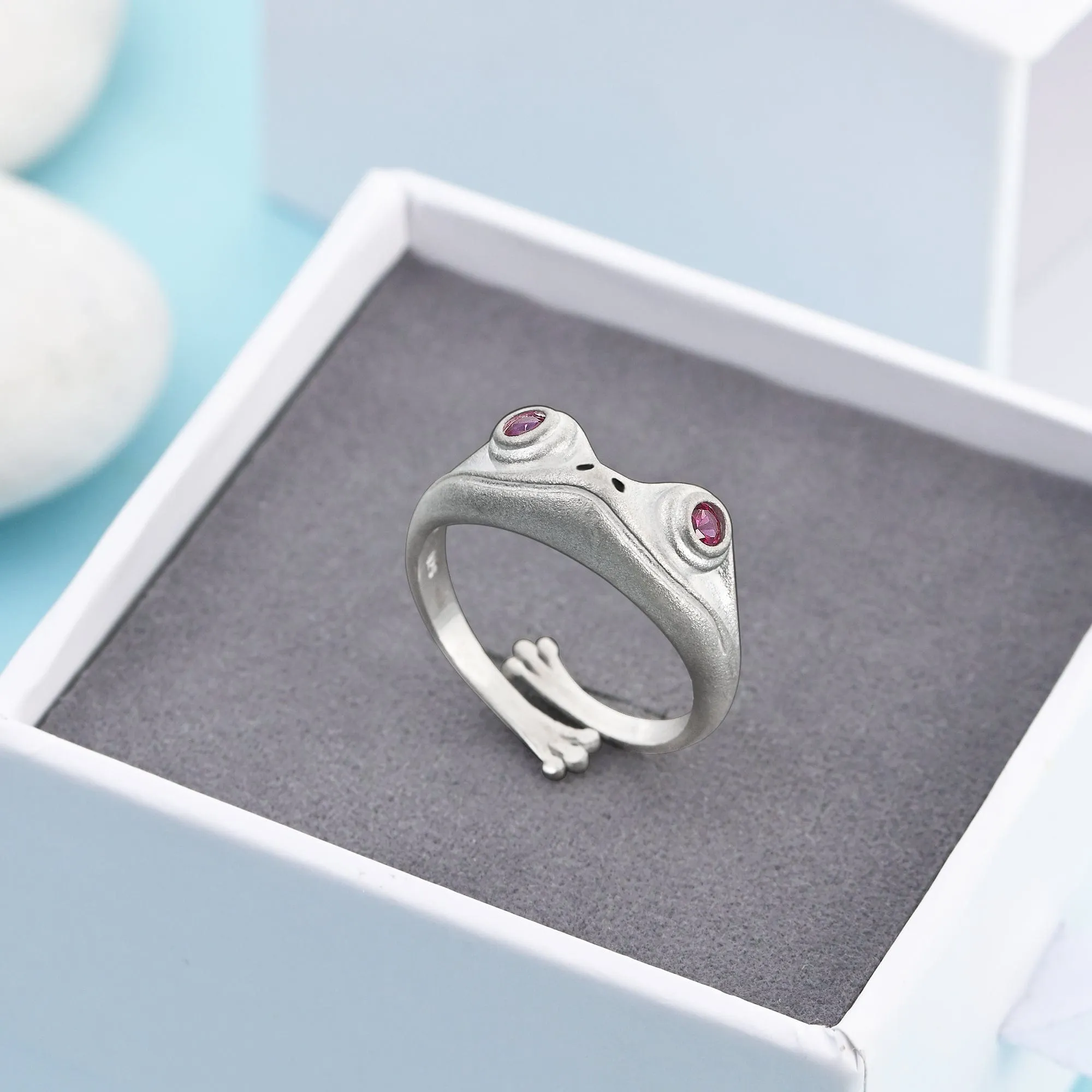 Ruby CZ Adjustable Frog Ring Sterling Silver