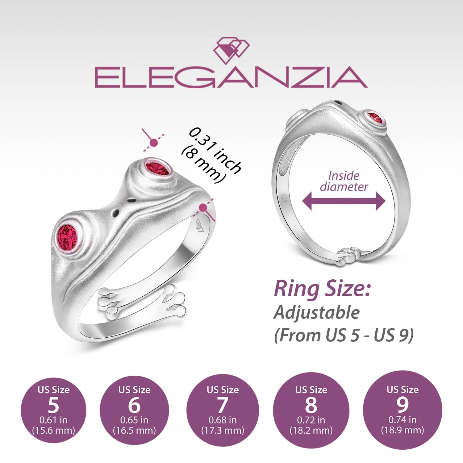 Ruby CZ Adjustable Frog Ring Sterling Silver