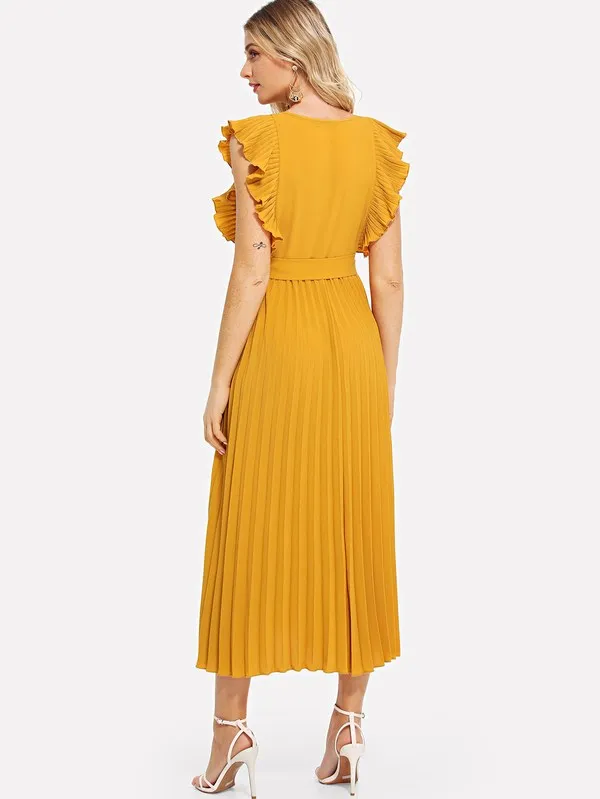 Ruffle Trim Pleated Wrap Dress