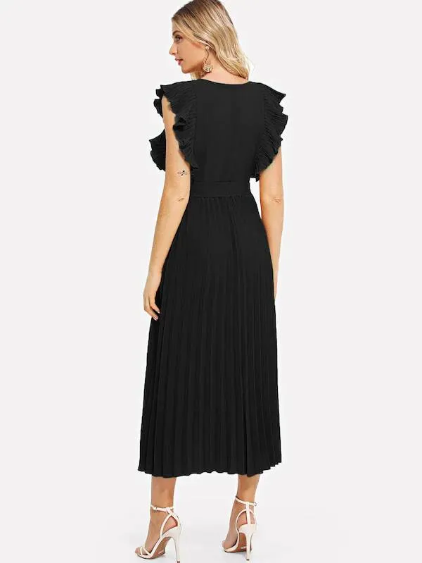 Ruffle Trim Pleated Wrap Dress