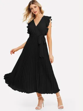 Ruffle Trim Pleated Wrap Dress